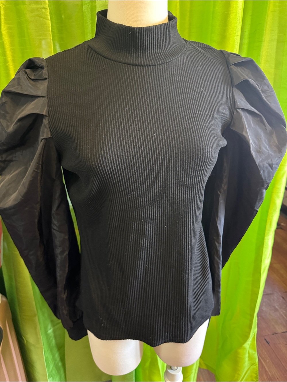 Women's Black Puff-Sleeve Mock Neck Top